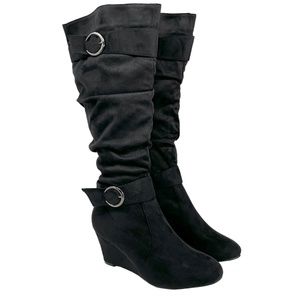 🆕 Charles Albert Boots Size 10 Wedge Suede Knee High Tall Ruched Buckles Black